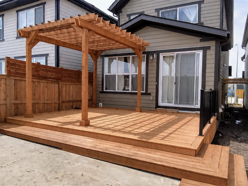 Concept visualization: cedar deck with an attached cedar pergola behind a Calgary home